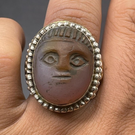 Ancient Roman Solid Silver Ring With Face Carved … - image 1