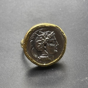 Schöne alte Bronze Antike griechische 8-12 Jahrhundert authentische Münze mit vergoldetem Messing einzigartiger einstellbarer Größe Ring