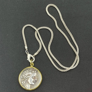 Wonderful Ancient Indo Greek Bronze Authentic large Coin With Gold Gilded Bezel Pendant With Chain