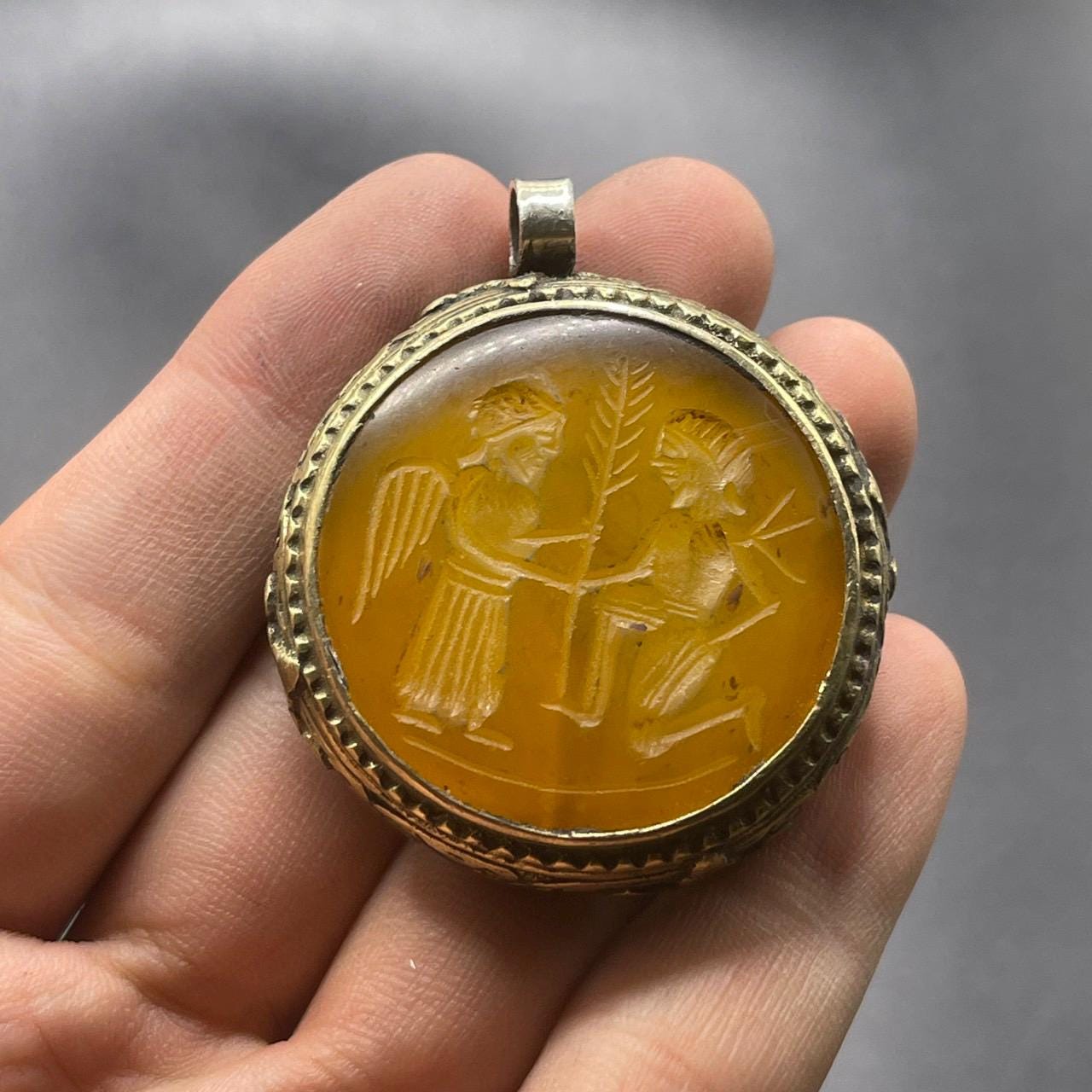 Agate Intaglio Pendant: Winged Human Design, Silver Plated