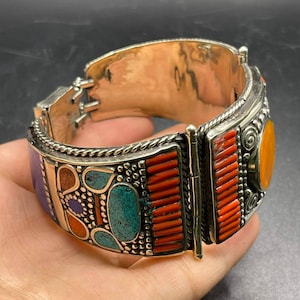 Vintage Near Eastern Silver Plated With Multi Color Natural Stones Bangle Bracelet , Himalayan Jewelry,Tibetan Jewelry, Antique Bracelet