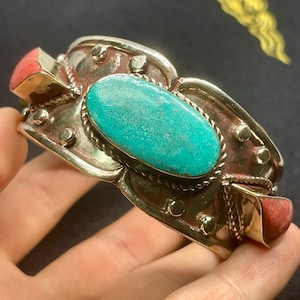 Very Beautiful Vintage Tibetan Brass With Coral And Turquoise Stone Handmade Cuff/Bracelet