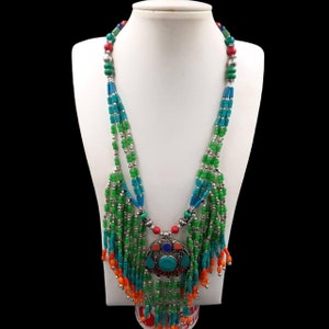 Stunning Vintage Old Tibetan Design Unique Massive Necklace With Turquoise and coral stone, Vintage Necklace, Tibetan Boho style
