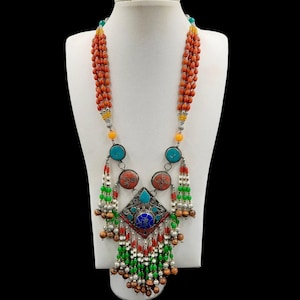 Gorgeous Vintage Old Tibetan Design Unique Massive Necklace With Turquoise,lapisLazuli and coral stone, Vintage Necklace, Tibetan Boho style