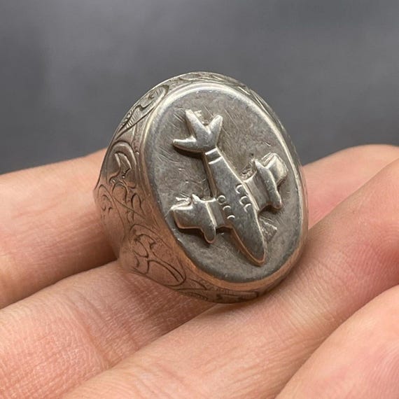Ancient Roman Solid Silver Ring With Airplane Car… - image 1
