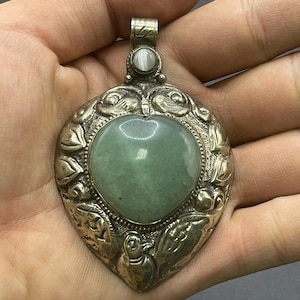 Beautiful Antique Tibetan Handcrafted Brass With Natural Jade Stone Insert Unique Pendant