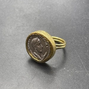 Schöne alte Bronze antike griechische authentische Münze mit vergoldetem Messing einzigartiger größenverstellbarer Ring