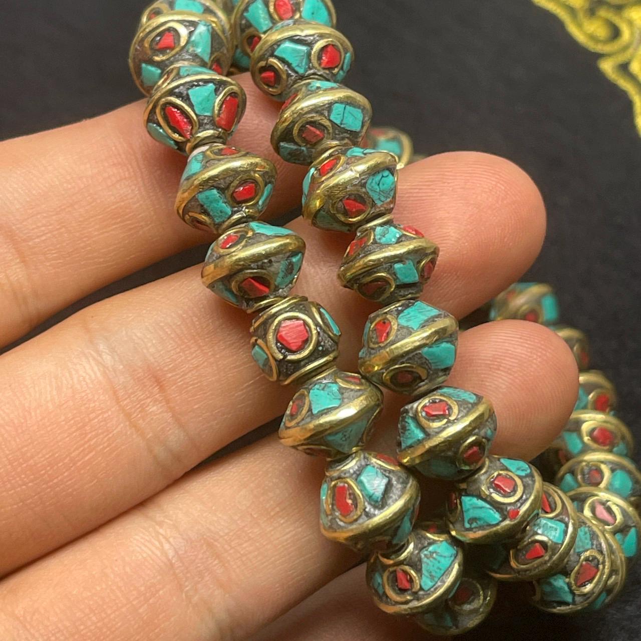 thumbnail interactive-video image 1 of 50pcs Antique Tibetan Style Brass Beads – Coral & Turquoise Accents – Handmade Mixed Lot 1 of 5