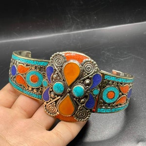 Beautiful Vintage Near Eastern Silver Plated With Multi Color Natural Stones Cuff Bangle Bracelet , Himalayan Jewelry,Tibetan Jewelry