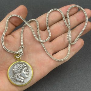 Ancient Indo-Greek Bronze Coin Pendant: Gold Gilded Bezel, Chain Necklace