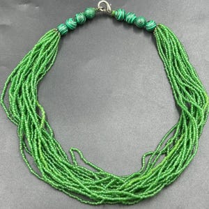 Vintage Green Seed Bead Necklace: Handmade Malachite Stone Jewelry