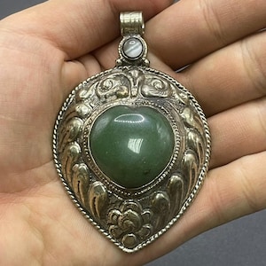 Beautiful Antique Tibetan Handcrafted Brass With Natural Jade Stone Insert Unique Pendant