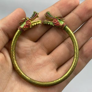 Beautiful Ancient Greek old gilded brass 2 dragon heads carved bangle bracelet adjustable size bracelet