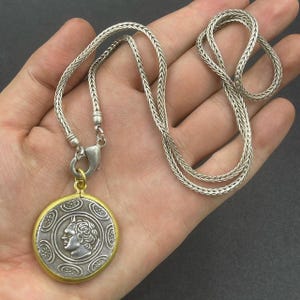 Ancient Indo-Greek Bronze Coin Pendant: Gold Gilded Bezel, Chain Necklace