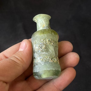 Very rare ancient Roman irdescent glass unique bottle with lovely Patina