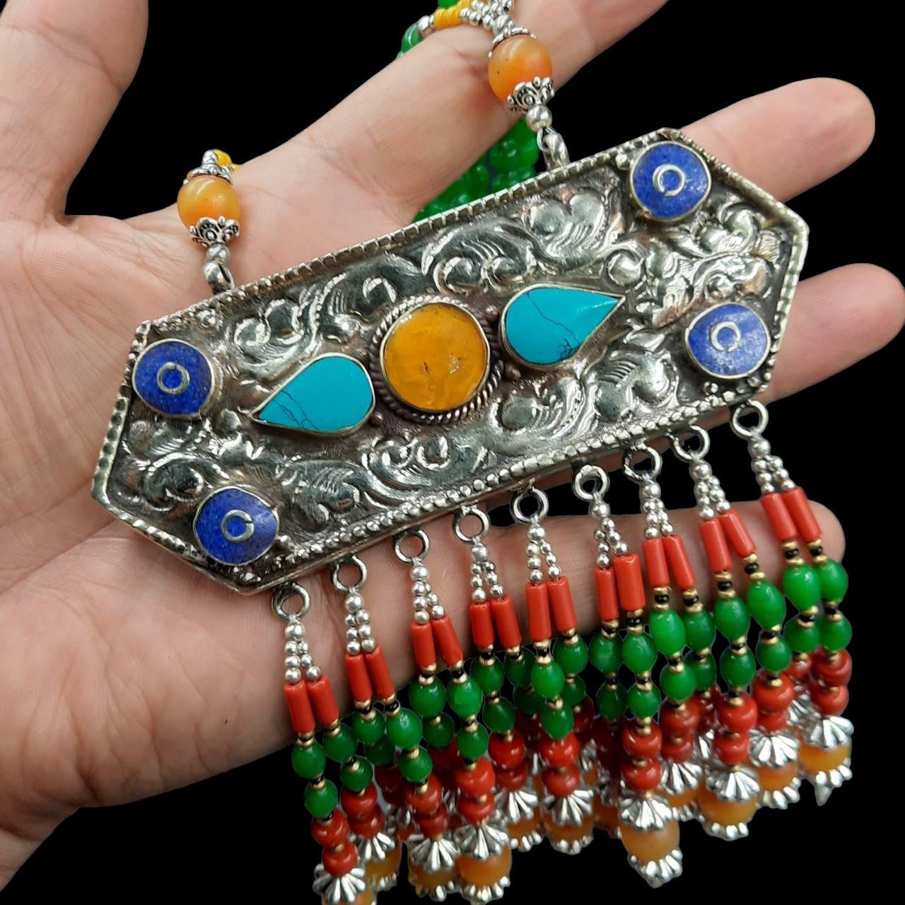 Gorgeous Vintage Old Tibetan Design Necklace With Real