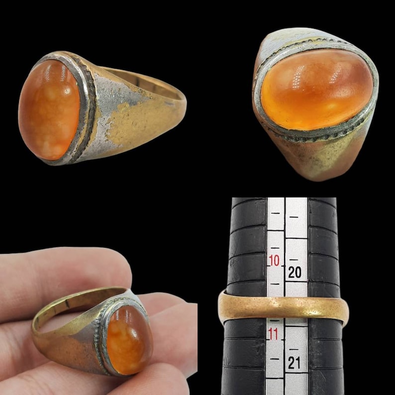 Bohemian Ring Beautiful Antique Post Medieval Brass Ring With Orange HAQIQ Agate Stone Stunning Ring Antique Stone ring