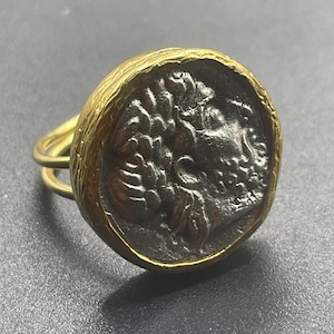 Bronze Coated Ancient Greek Coin Ring - Gold Plated Adjustable Band