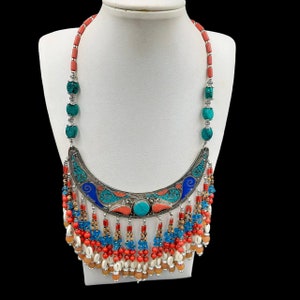 Gorgeous Vintage Old Tibetan Design Unique Necklace With Turquoise,lapisLazuli and coral stone, Vintage Necklace, Tibetan Boho style