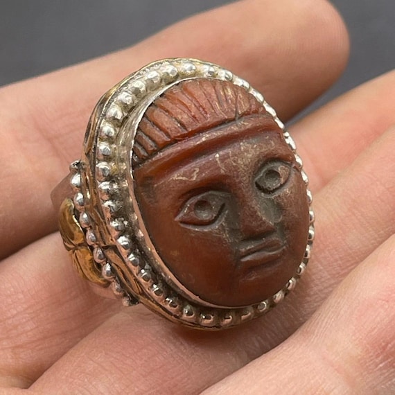 Ancient Roman Solid Silver Ring With Face Carved … - image 1