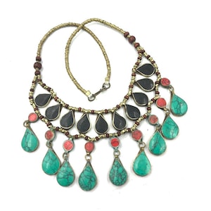 Afghan Tribal Necklace: Multi Stone Brass Ethnic Jewelry