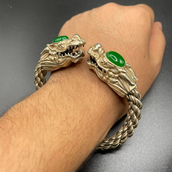 Beautiful Unique Tibetan Dragon Carved Beautiful Solid Silver Antique Bracelet With Green Jade Stone Etsy UK
