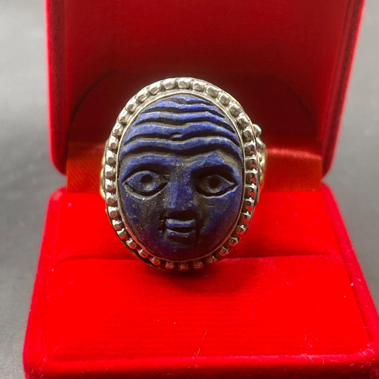 Beautiful Ancient Roman Lapis Lazuli Human Face Carved Stone Solid Silver  Ring