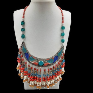 Gorgeous Vintage Old Tibetan Design Beautiful Necklace With Turquoise and Coral stone, Vintage Necklace, Tibetan Boho style