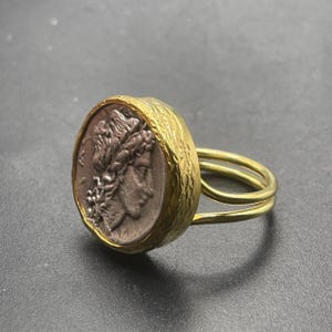 Schöne alte Bronze antike griechische 7-12 Jahrhundert authentische Münze mit vergoldetem Messing einzigartige einstellbare Größe Ring