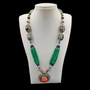 Gorgeous Vintage Old Tibetan Design Necklace With Turquoise , coral stone and Mosaic Glass Beads Vintage Necklace, Tibetan Boho style