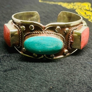 Very Beautiful Vintage Tibetan Brass With Coral And Turquoise Stone Handmade Cuff/Bracelet