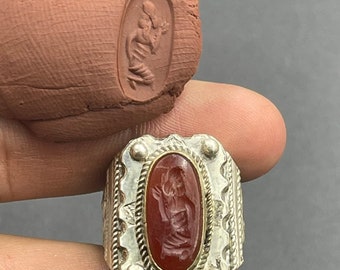 希少な古代カーネリアンインタリオリング - ブロンズセッティングの