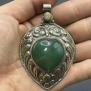 Beautiful Antique Tibetan Handcrafted Brass With Natural Jade Stone Insert Unique Pendant