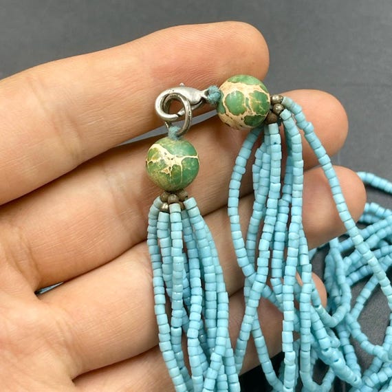 Vintage Afghanistan Blue Seed Bead Necklace With Turquoise