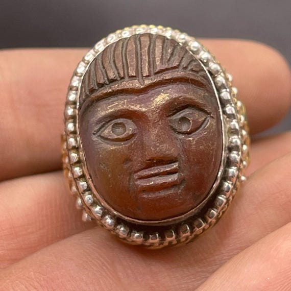 Ancient Roman Solid Silver Ring With Face Carved … - image 6