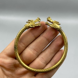Beautiful Ancient Greek old gilded brass 2 dragon heads carved bangle bracelet adjustable size bracelet