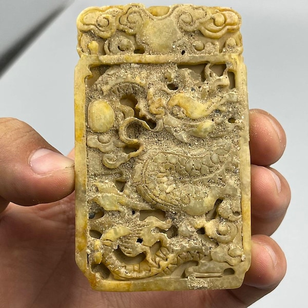 Beautiful Antique Near Eastern Old Jade stone Dragons Depicting stone tile Relief