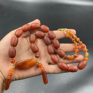 Carnelian Agate Necklace: Antique African Stone Beads, Gold Plated
