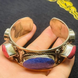 Very Beautiful Vintage Tibetan Brass With Coral ,Lapis lazuli And Turquoise Stone  Cuff/Bracelet