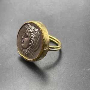 Ancient Greek Bronze Coin Ring: Gold Plated Brass, Adjustable