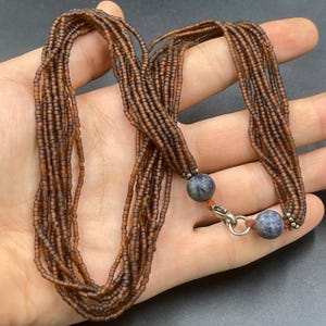Vintage Afghanistan Brown Seed Bead Necklace: Lapis Lazuli Stone, Handmade