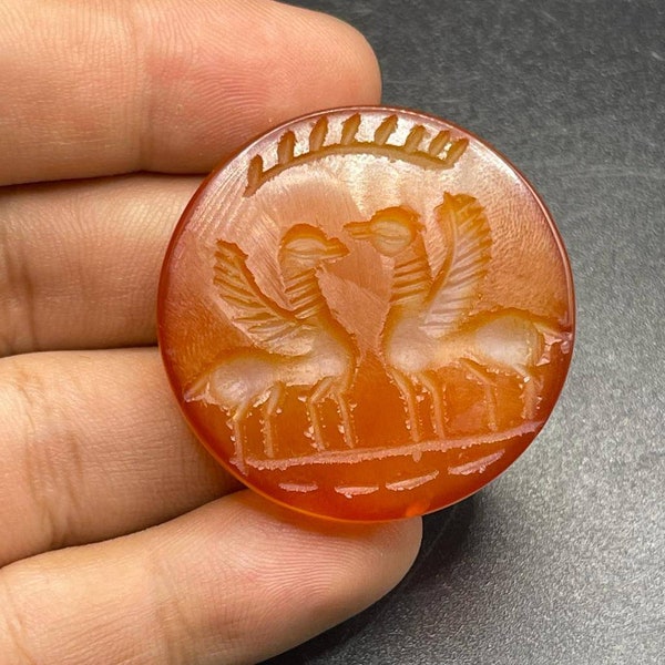 Unique Near Eastern old Carnelain intaglio 2 Winged Animal Engraved seal stamp cabochon