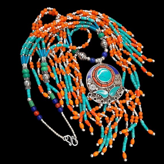 Collier Ancien Pépite Turquoise Tibétaine - Avec Agate, Longueur 22 Pouces