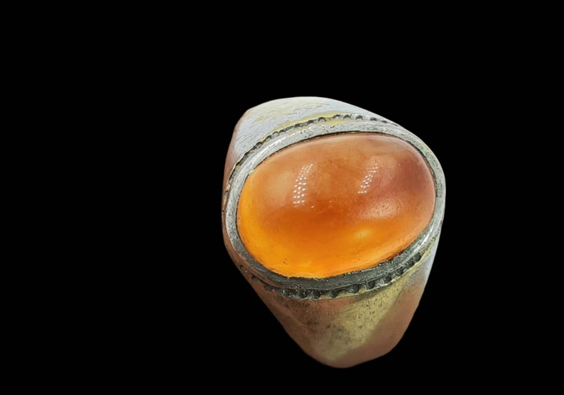 Bohemian Ring Beautiful Antique Post Medieval Brass Ring With Orange HAQIQ Agate Stone Stunning Ring Antique Stone ring