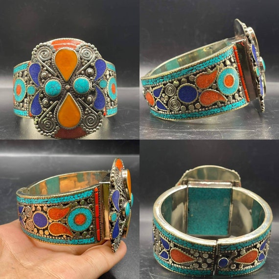 Beautiful Vintage Near Eastern Silver Plated With Multi Color Natural Stones  Cuff Bangle Bracelet , Himalayan Jewelry,tibetan Jewelry - Etsy