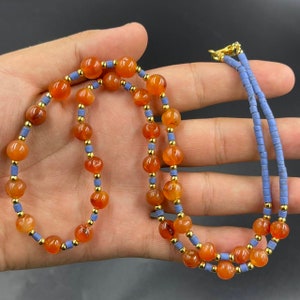 Carnelian Agate & Lapis Necklace: Vintage Gold Plated Beads