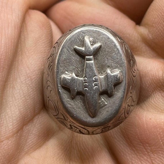 Ancient Roman Solid Silver Ring With Airplane Car… - image 9