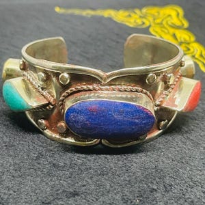 Very Beautiful Vintage Tibetan Brass With Coral ,Lapis lazuli And Turquoise Stone  Cuff/Bracelet