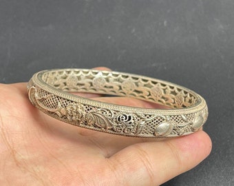 Wonderful Antique Silver Handcraft Unique Carving Bangle Bracelet