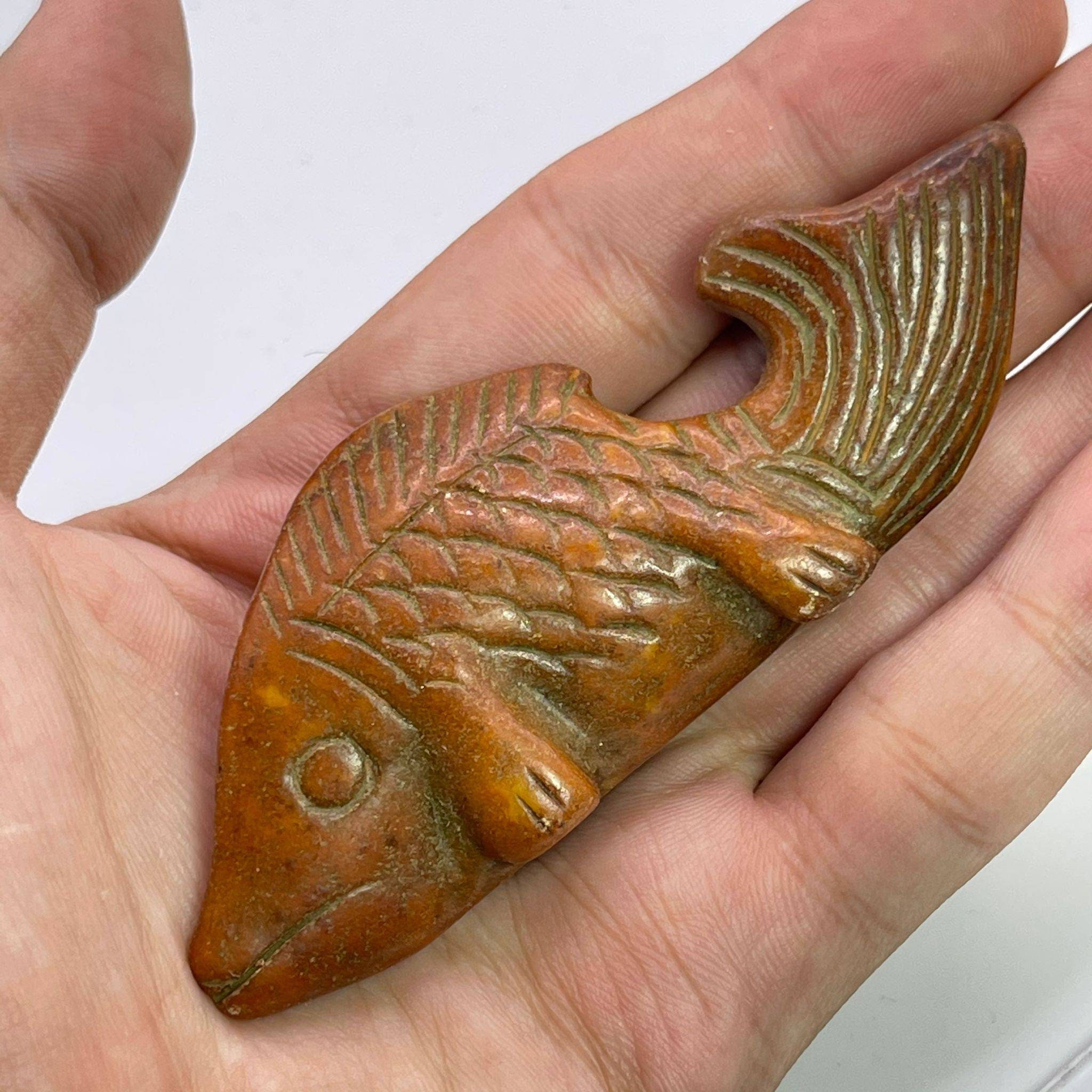 Antique Engraved Jade Fish Statue - South Asia Decor